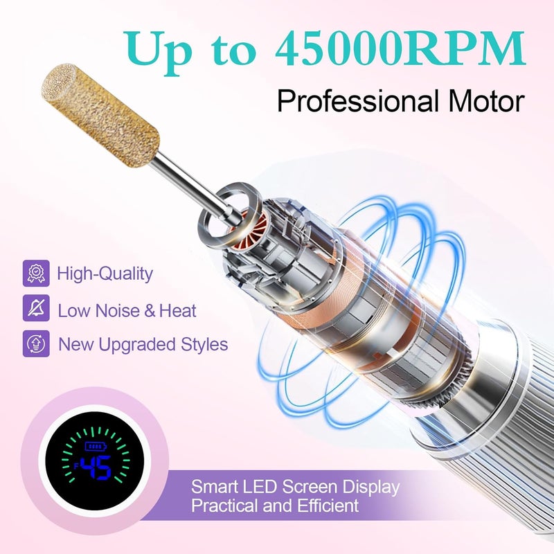 Luelle Electric Nail Drill File Professional 45000 RPM, Electric Nail File Machine Kit for Acrylic Gel Nails Polishing Removing, Portable Rechargeable Cordless E File with Gold Bits Kit for Salon Home - Image 3